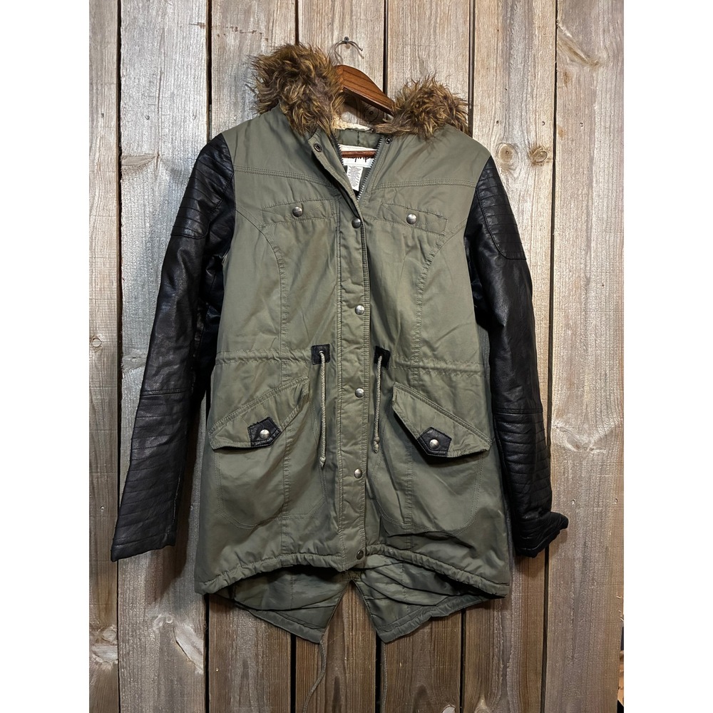 Daytrip Womens Small Olive Green Utility Parka Faux Leather Fur Hood Coat